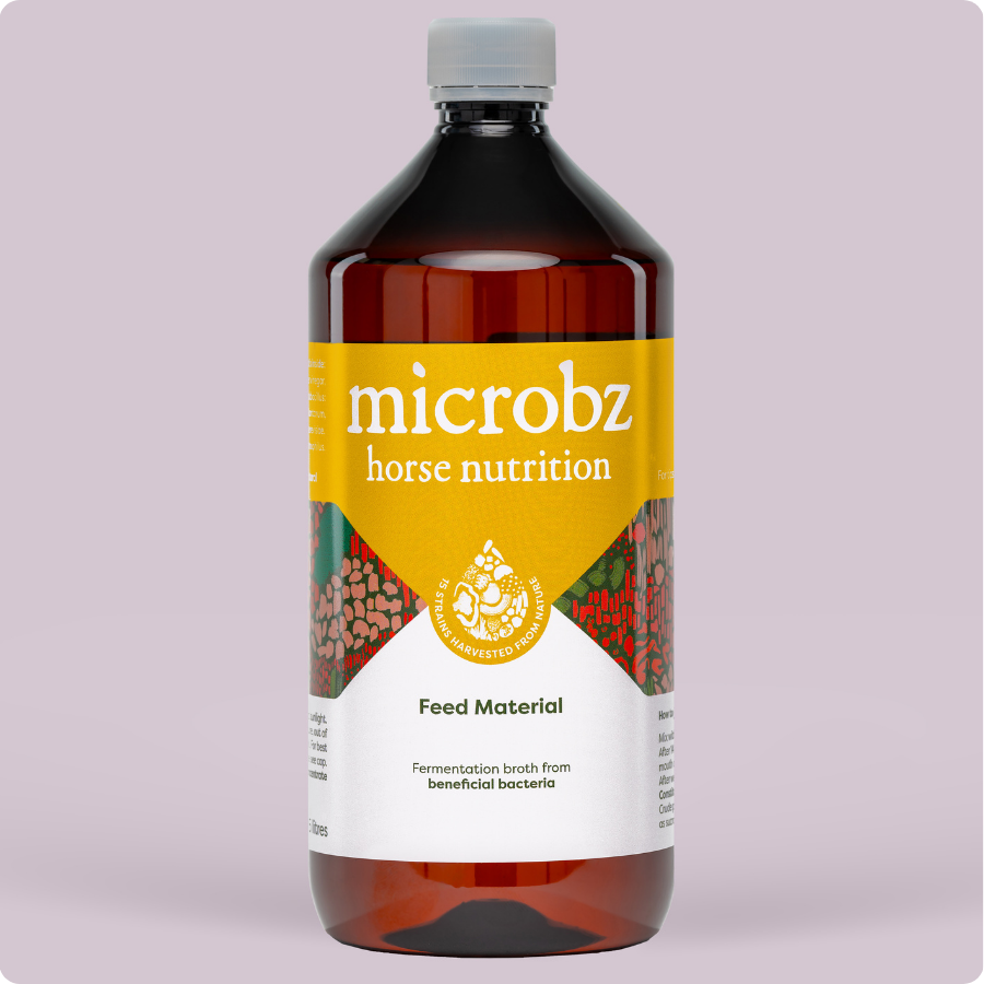 bottle of microbz horse nutrition living liquid probiotic for healthy horses and fouls