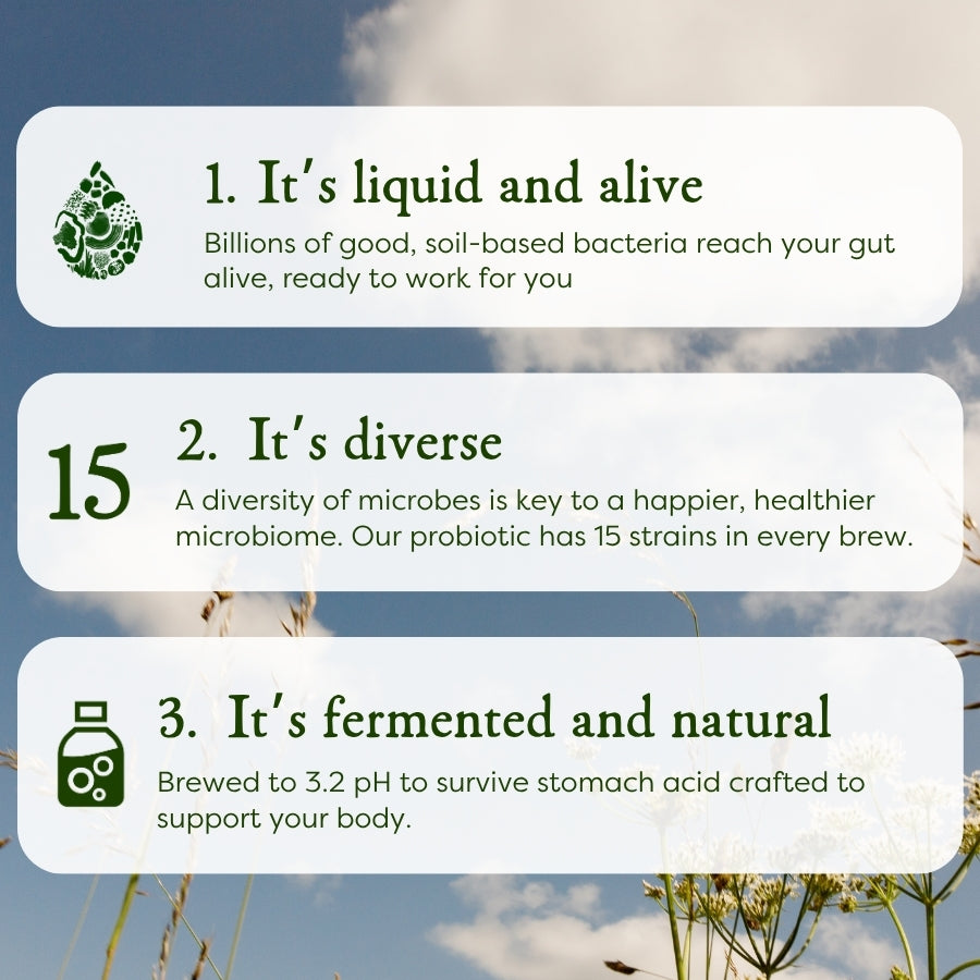 An image with 3 bullet points 1.Liquid probiotic with billions of soil based bacteria 2. its diverse with 15 strains, 3. it is fermented and natural brewed to 3.2 ph to survive stomach acid.