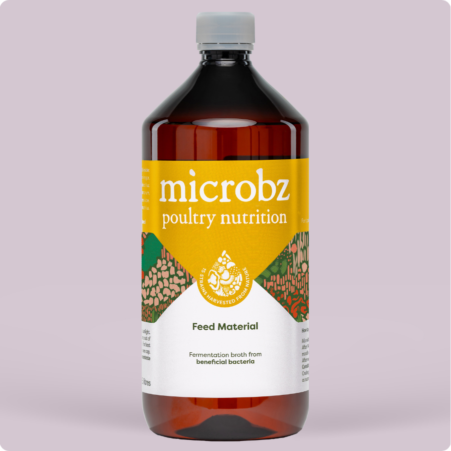 bottle of microbz poultry nutrition living liquid probiotic for healthy chickens and chicks