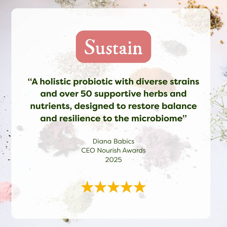 Product packaging with 'Sustain' branding and text of a review about holistic probiotic with diverse strains, Also has 5 stars rating
