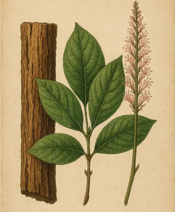 Illustration of a yohimbe bark branch with green leaves and a flowering branch on a beige background
