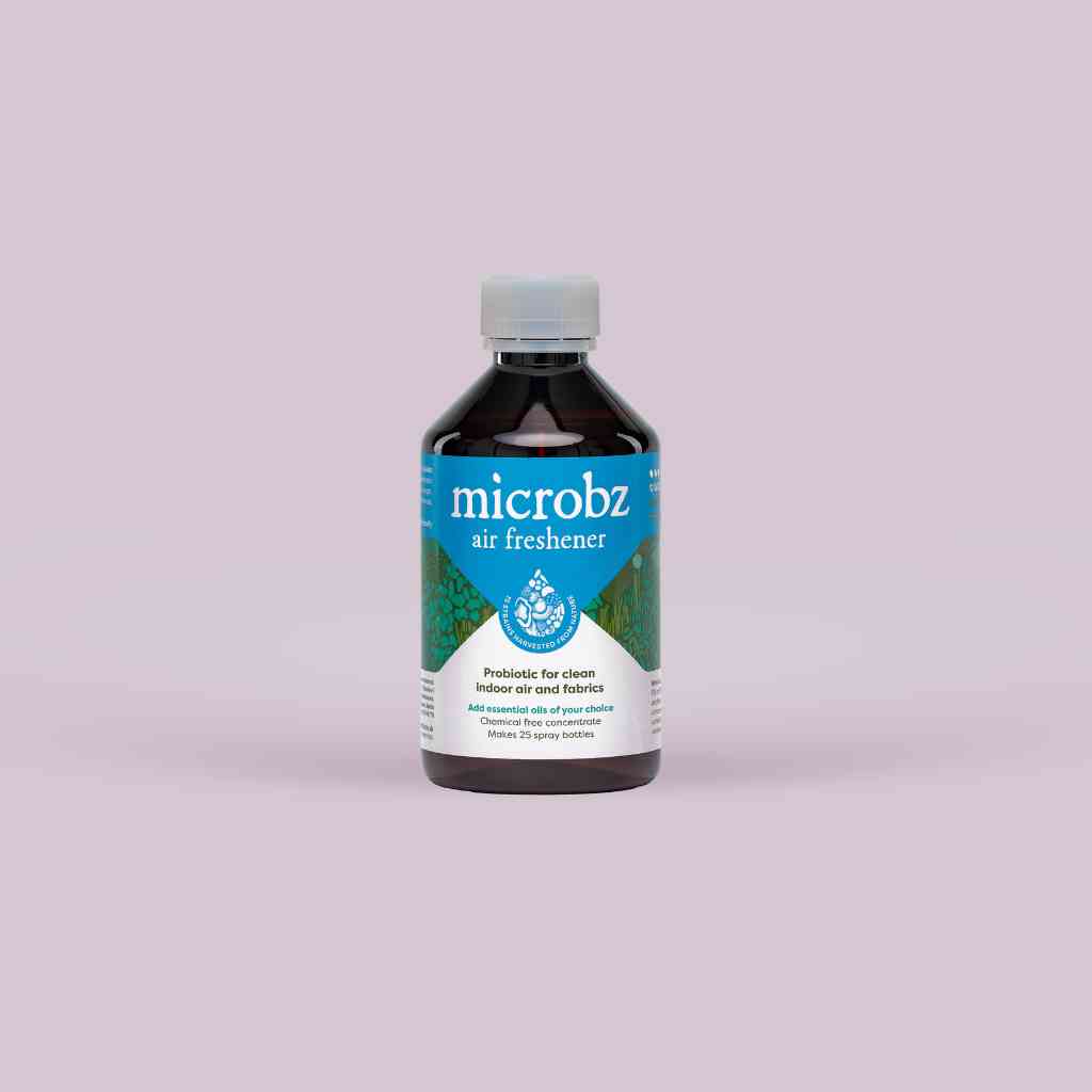 bottle of microbz air freshener living liquid probiotic for clean and fresh indoor environments