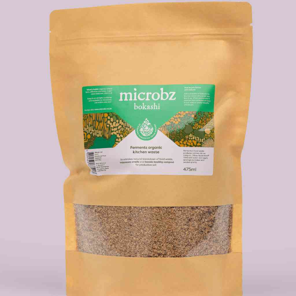 a packet of microbz bokashi, a wheat bran substrate with microbes to help compost kitchen waste