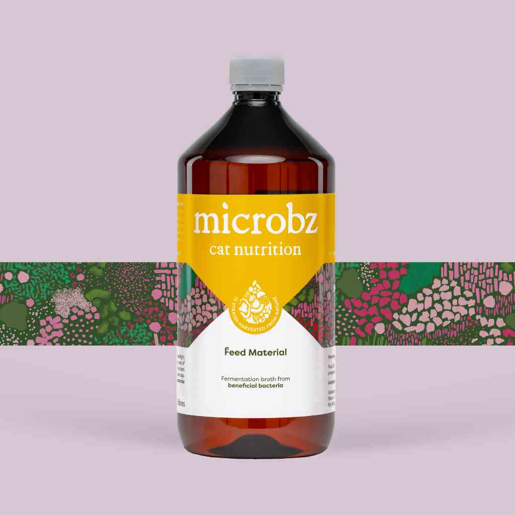 bottle of microbz cat nutrition living liquid probiotic for supporting healthy cats and kittens, with graphic illustration