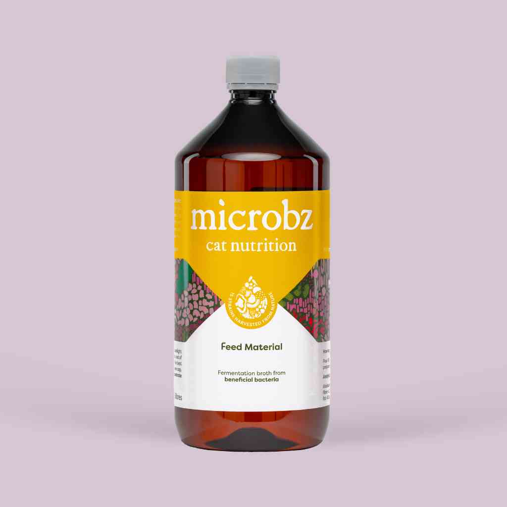 bottle of microbz cat nutrition living liquid probiotic for supporting healthy cats and kittens