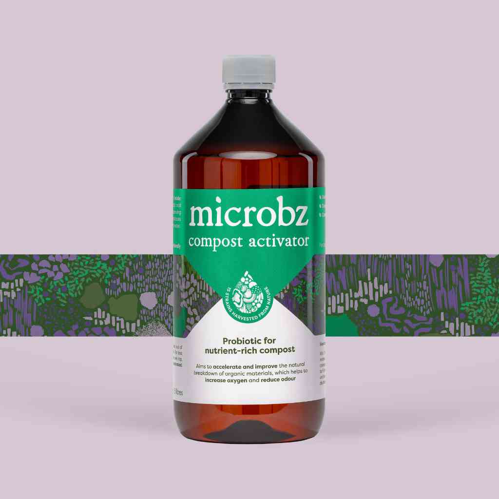 bottle of microbz compost activator living liquid probiotic for breaking down compost, with graphic illustration