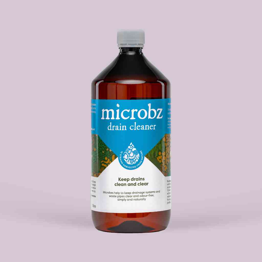 bottle of microbz drain cleaner living liquid probiotic for clean and clear drains