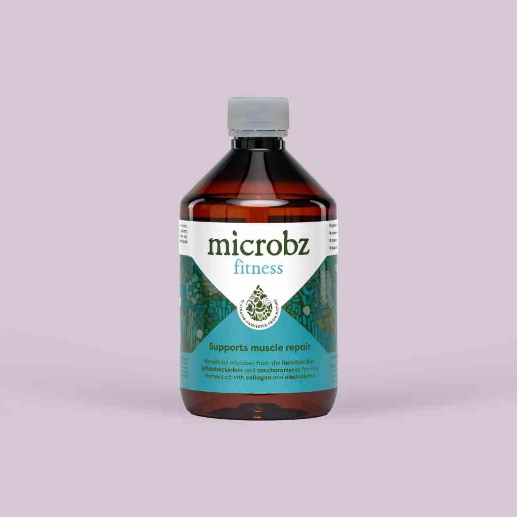 bottle of microbz fitness living liquid probiotics to support muscle repair and fitness recovery
