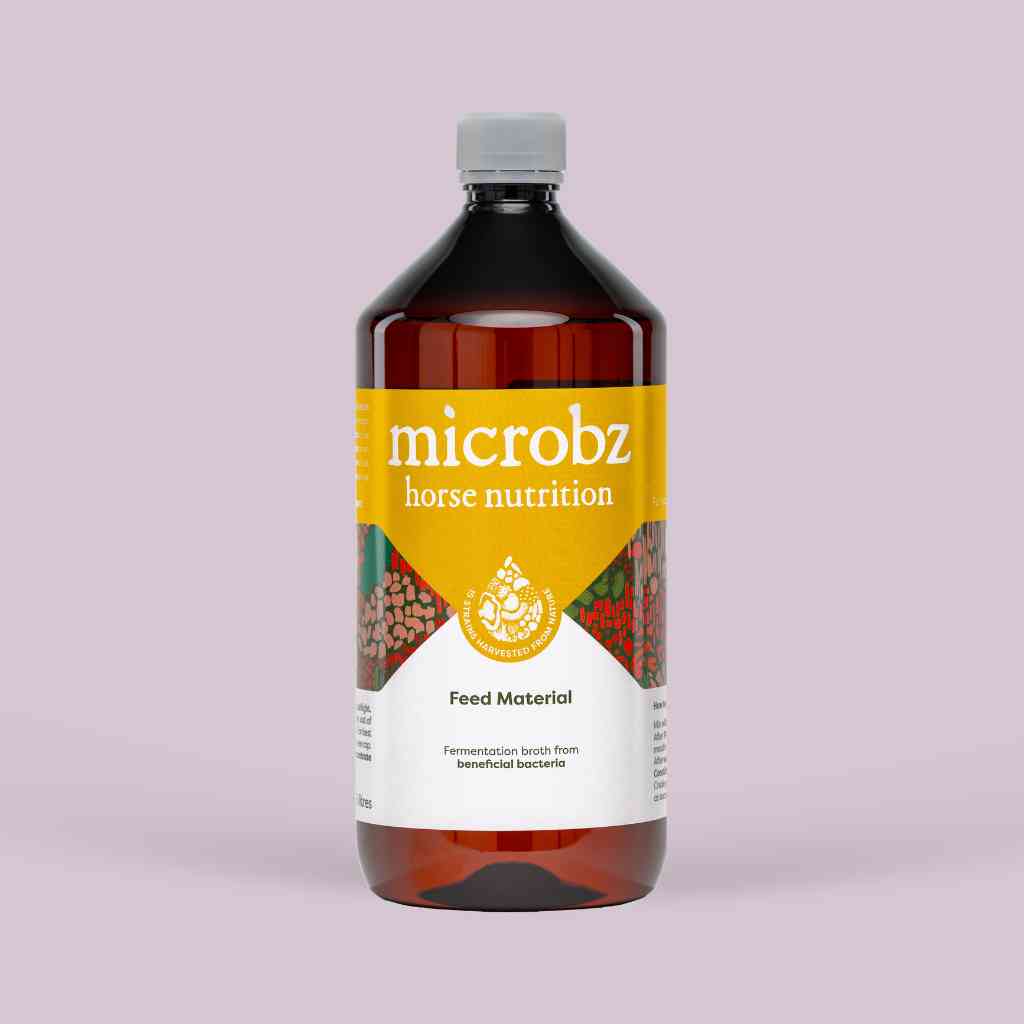 bottle of microbz horse nutrition living liquid probiotic for healthy horses and fouls