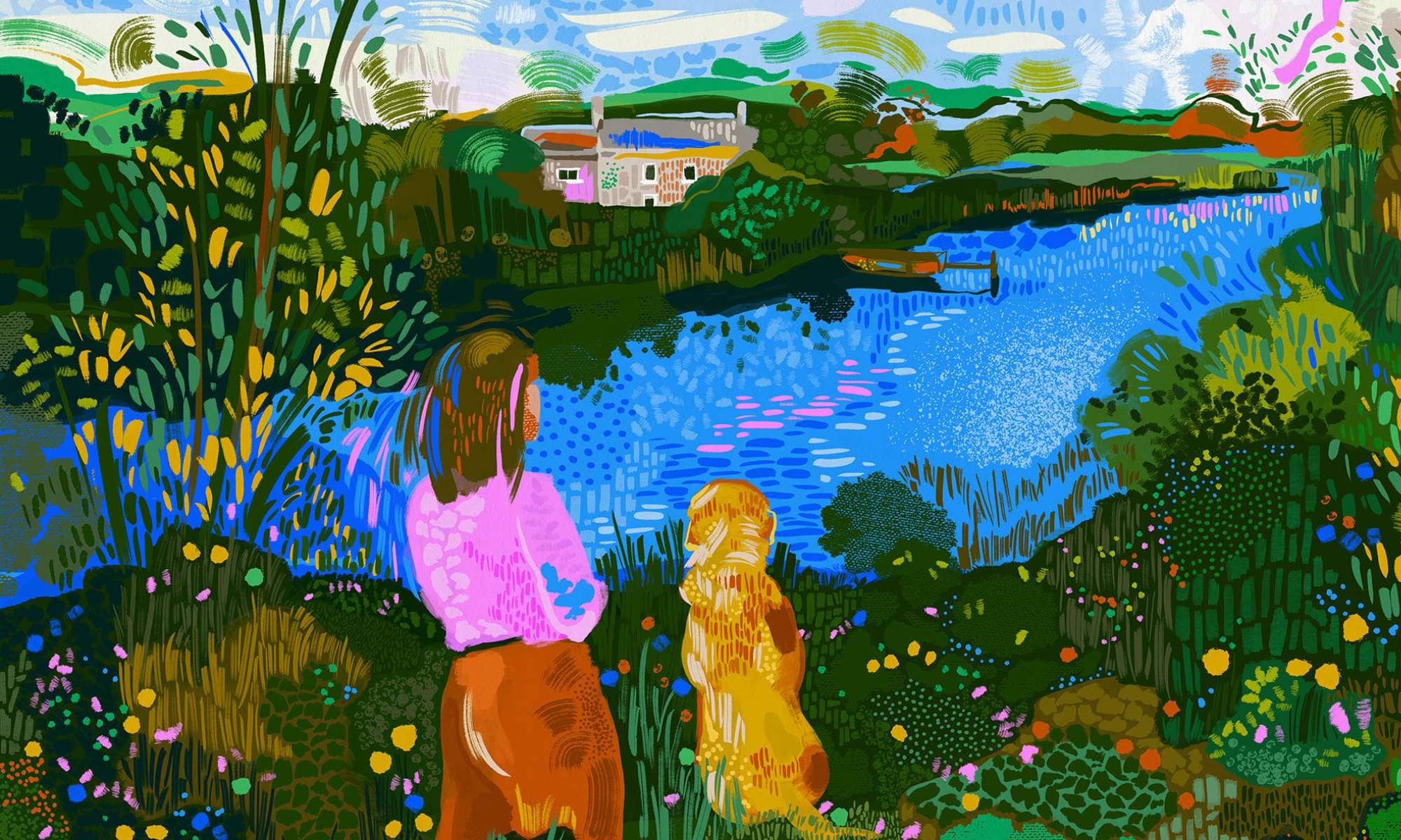 Colourful illustration showing the microbial diversity of the pond at Spirthill, with Katie Allen and Kit the dog in the foreground.
