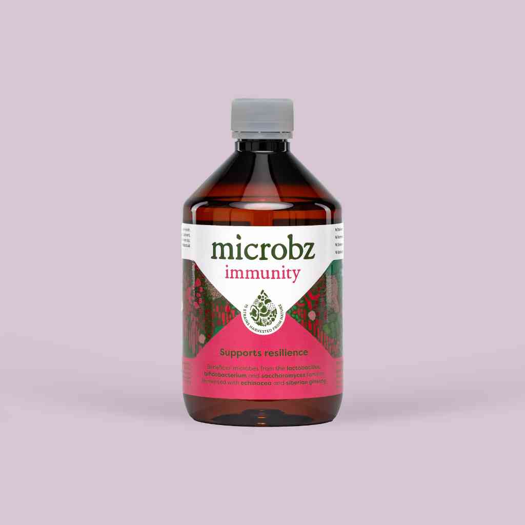 bottle of microbz immunity living liquid probiotics to support immunity and resilience