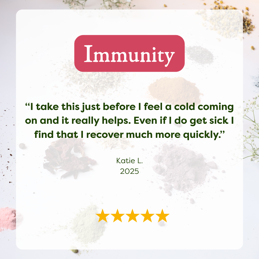 Product packaging with 'Immunity' text and customer review on a floral background