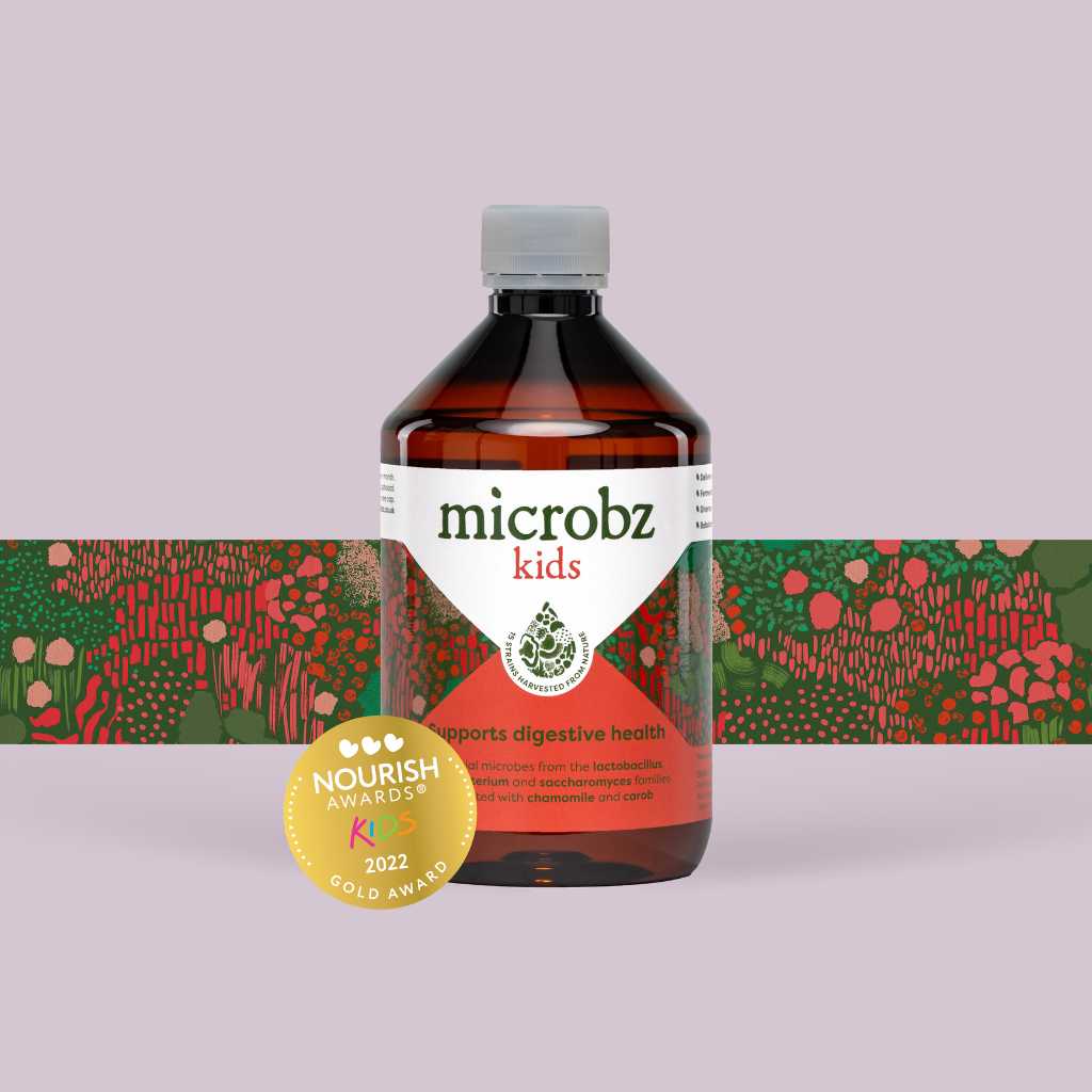 bottle of microbz kids living liquid kids probiotics to support digestion for children and babies probiotics, with graphic illustration