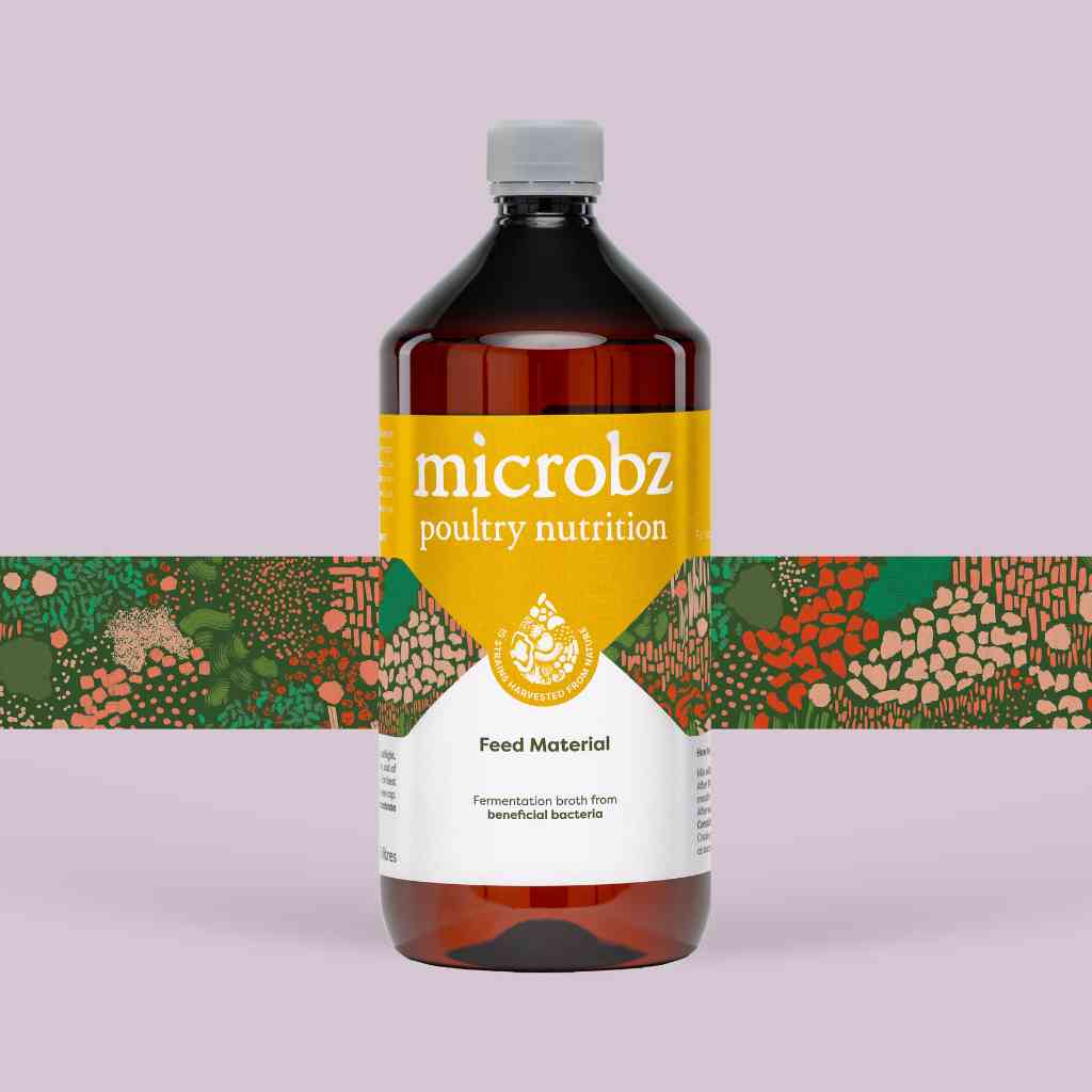 bottle of microbz poultry nutrition living liquid probiotic for healthy chickens and chicks, with graphic illustration