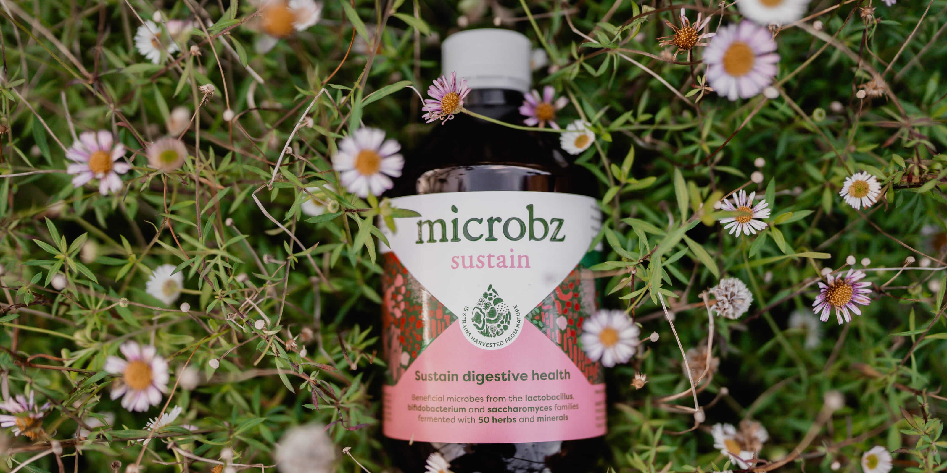 bottle of microbz sustain probiotics in flowers