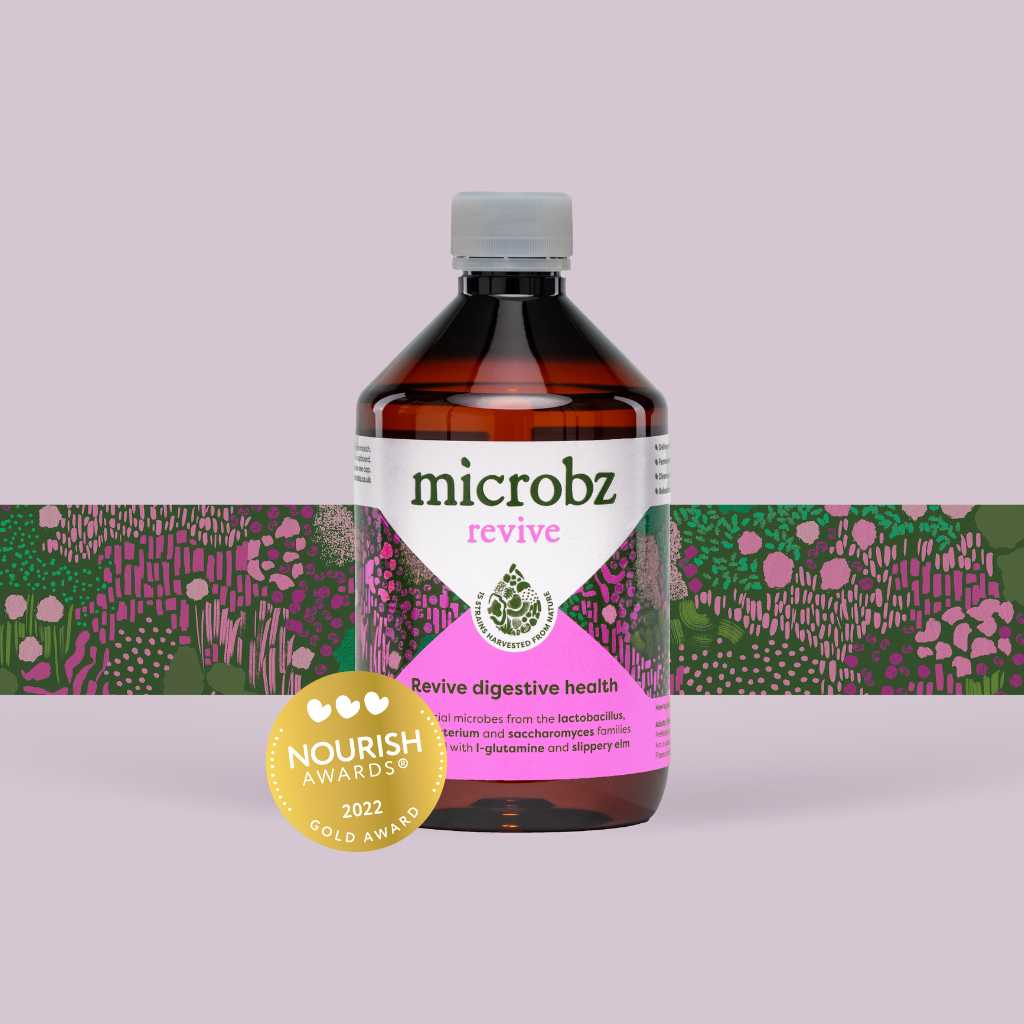 bottle of microbz revive living liquid probiotics to support digestion with l-glutamine and slippery elm, with graphic illustration