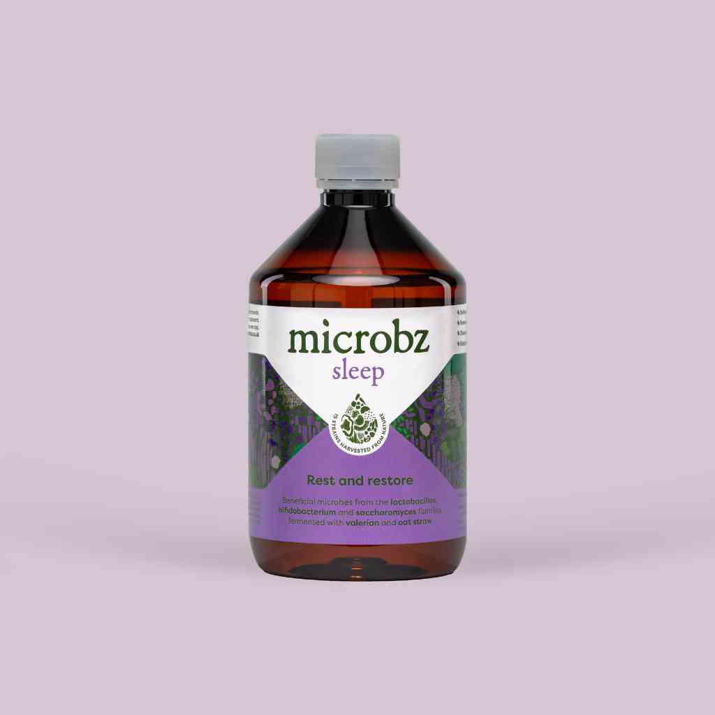 bottle of microbz sleep living liquid probiotic to support sleep, rest and restore