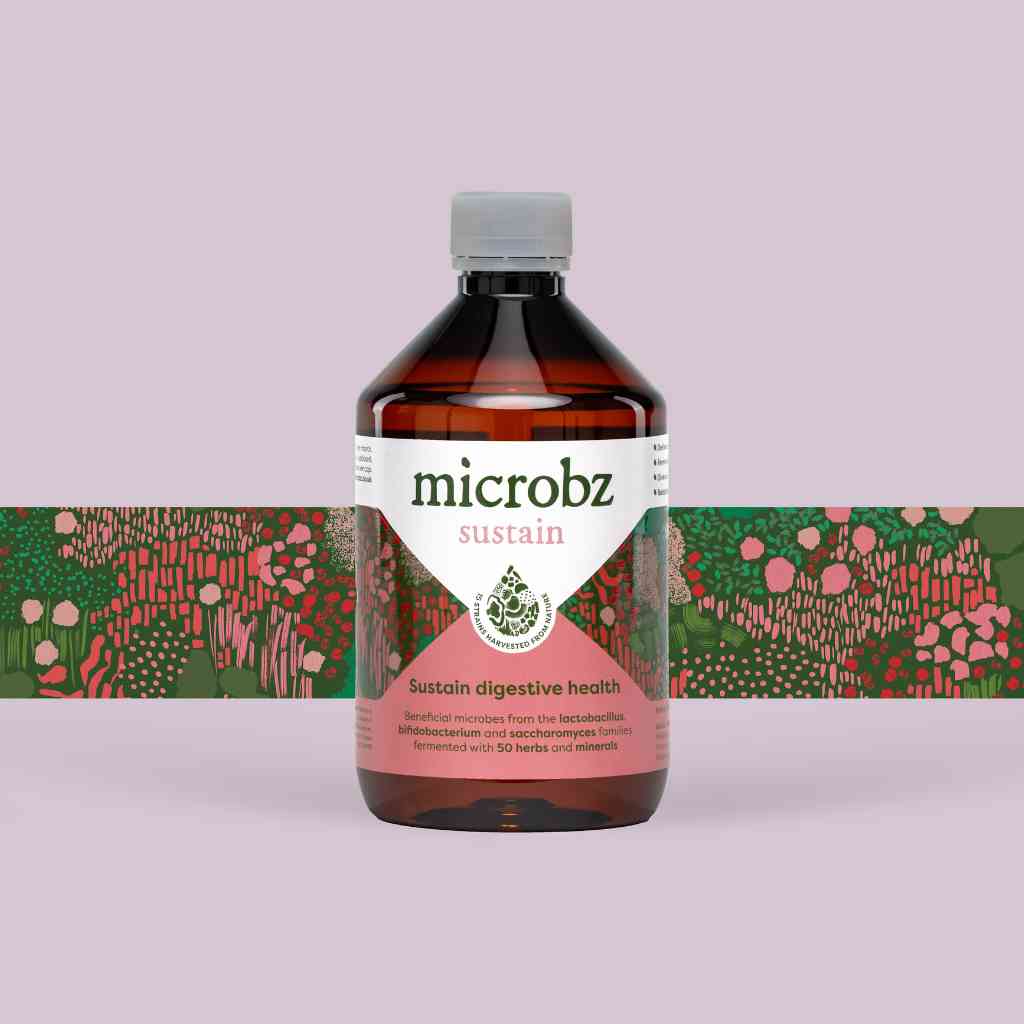 Bottle of microbz sustain with an illustrative strip 