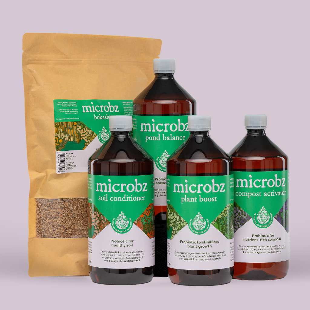 microbz garden toolkit consisting of, microbz bokashi, microbz soil conditioner, microbz pond balance, microbz plant boost and microbz compost activator