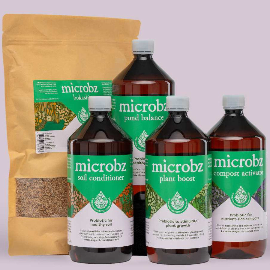 microbz garden toolkit consisting of, microbz bokashi, microbz soil conditioner, microbz pond balance, microbz plant boost and microbz compost activator