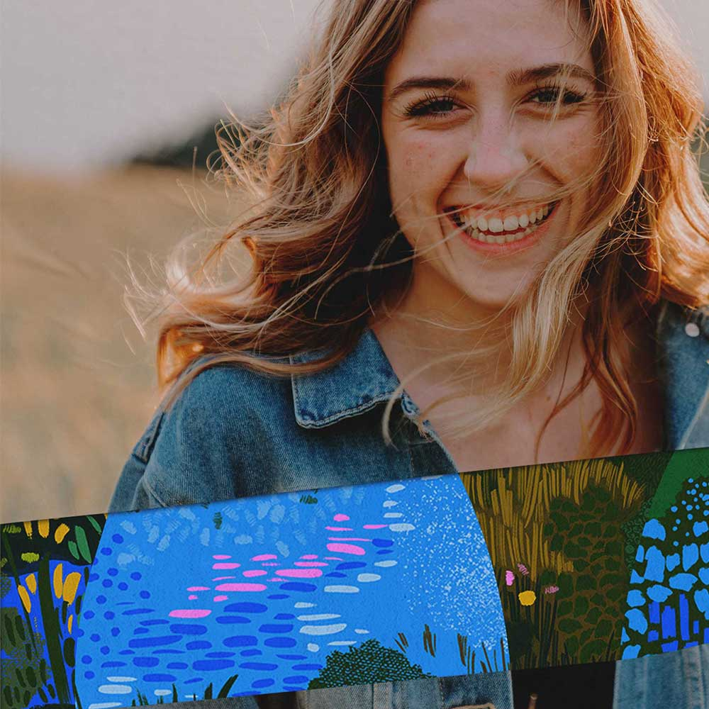 image of a smily woman with a strip going through her which is an illustration showing the microbes on her after using probiotics in her life