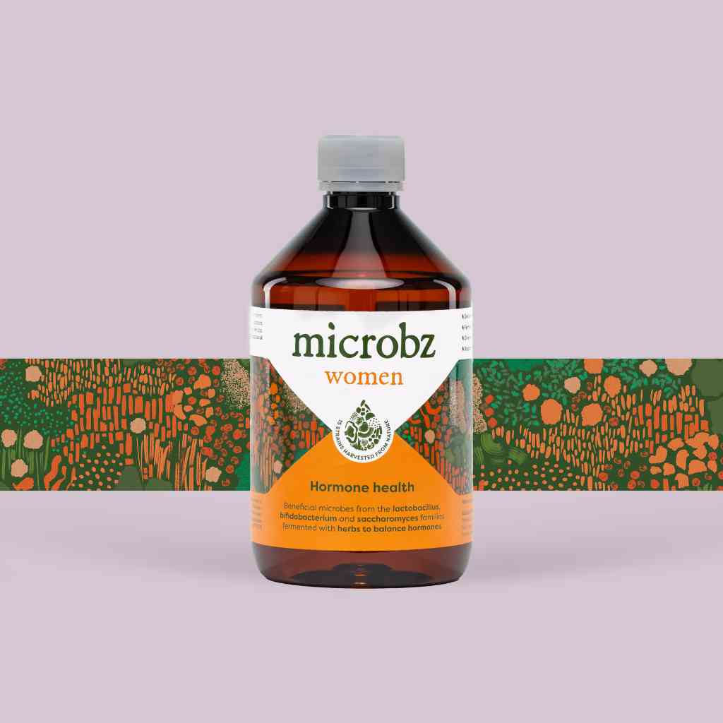 bottle of microbz living liquid probiotic to support womens hormone health, with graphic illustration