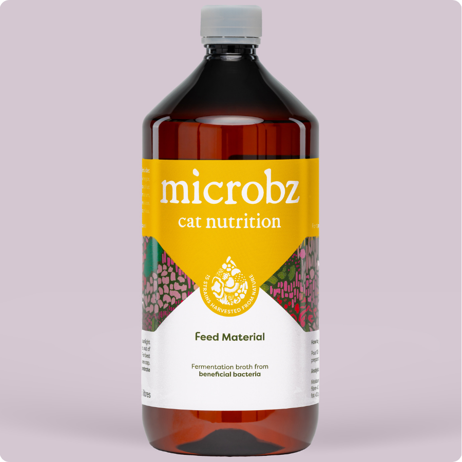 bottle of microbz cat nutrition living liquid probiotic for supporting healthy cats and kittens