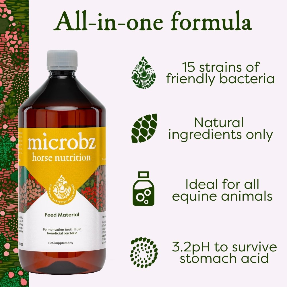 microbz horse nutrition product with text highlighting features for this gut supplement 