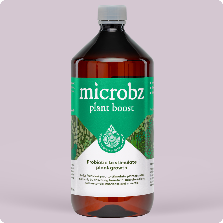 bottle of microbz plant boost living liquid probiotic for supporting plant health