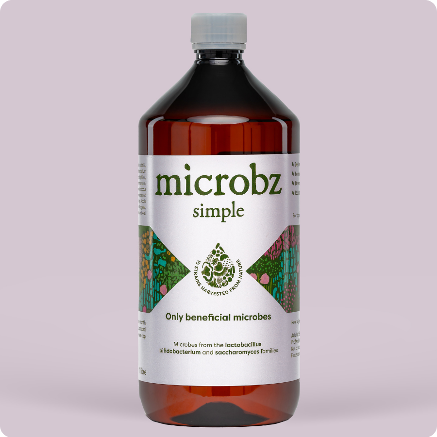 bottle of microbz simple living liquid probiotic to support digestion
