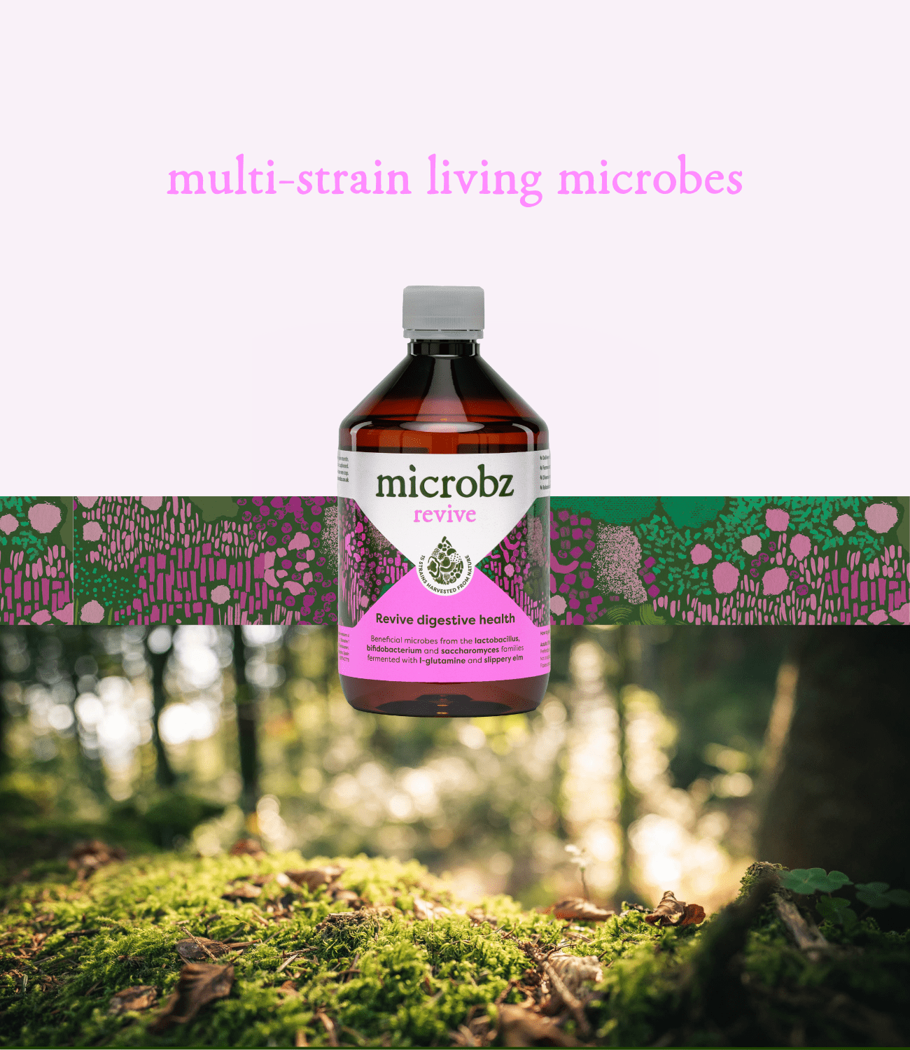 microbz website banner. Photo of Microbz Revive. multi-strain living microbes. Close up of a mossy forest floor