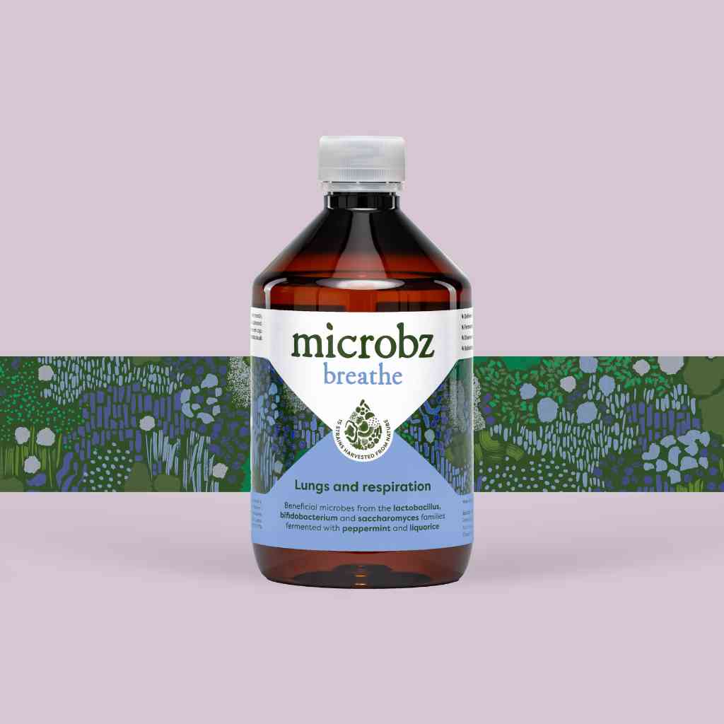 bottle of microbz living liquid probiotics to support lungs and respiration, with graphic illustration