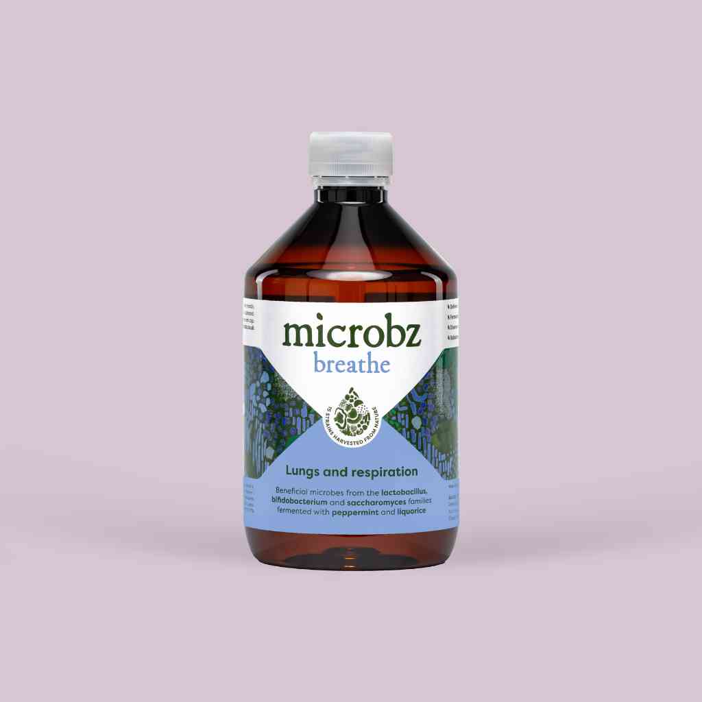 bottle of microbz breathe living liquid probiotics to support lungs and respiration