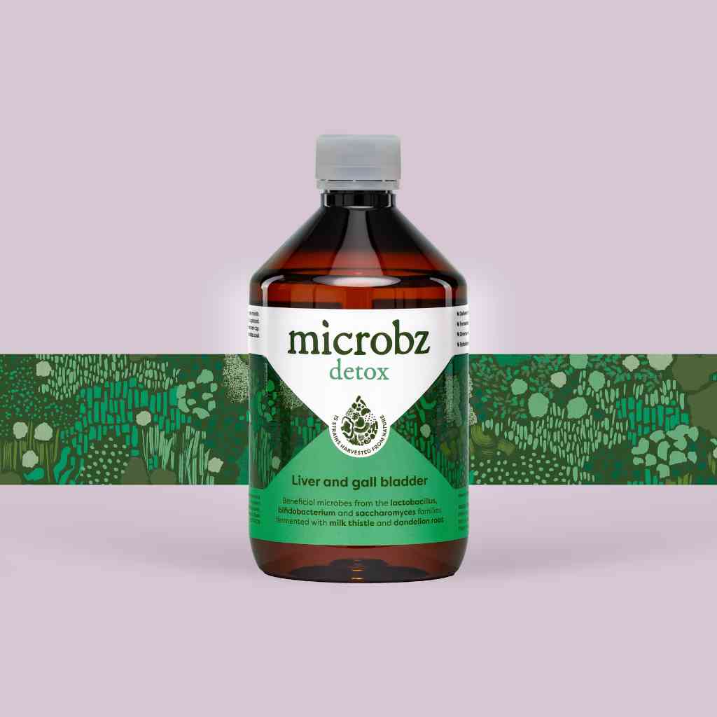 bottle of microbz living liquid probiotics to support liver and gall bladder detox, with graphic illustration