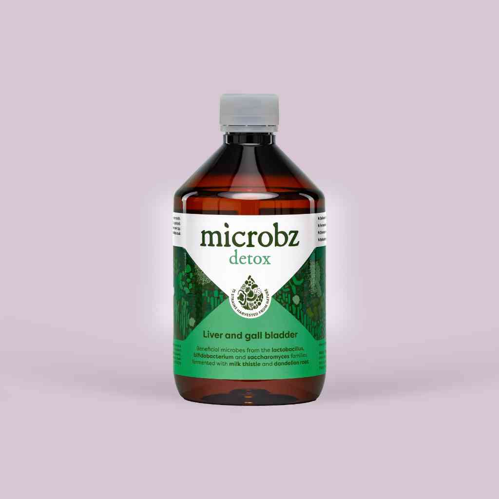 bottle of microbz living liquid probiotics to support liver and gall bladder detox