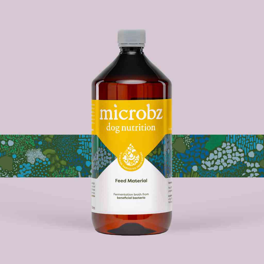 bottle of microbz dog nutrition living liquid probiotic for supporting healthy dogs and puppies, with graphic illustration