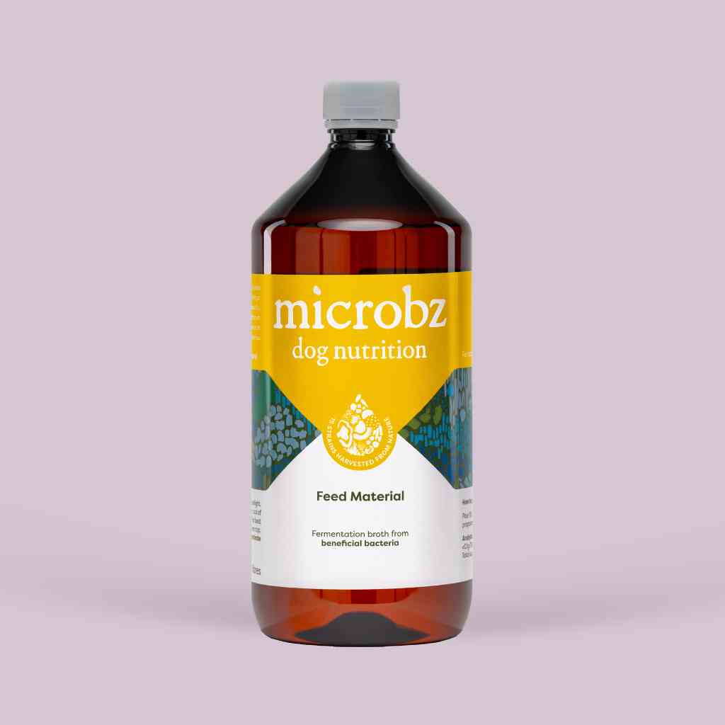 bottle of microbz dog nutrition living liquid probiotic for supporting healthy dogs and puppies