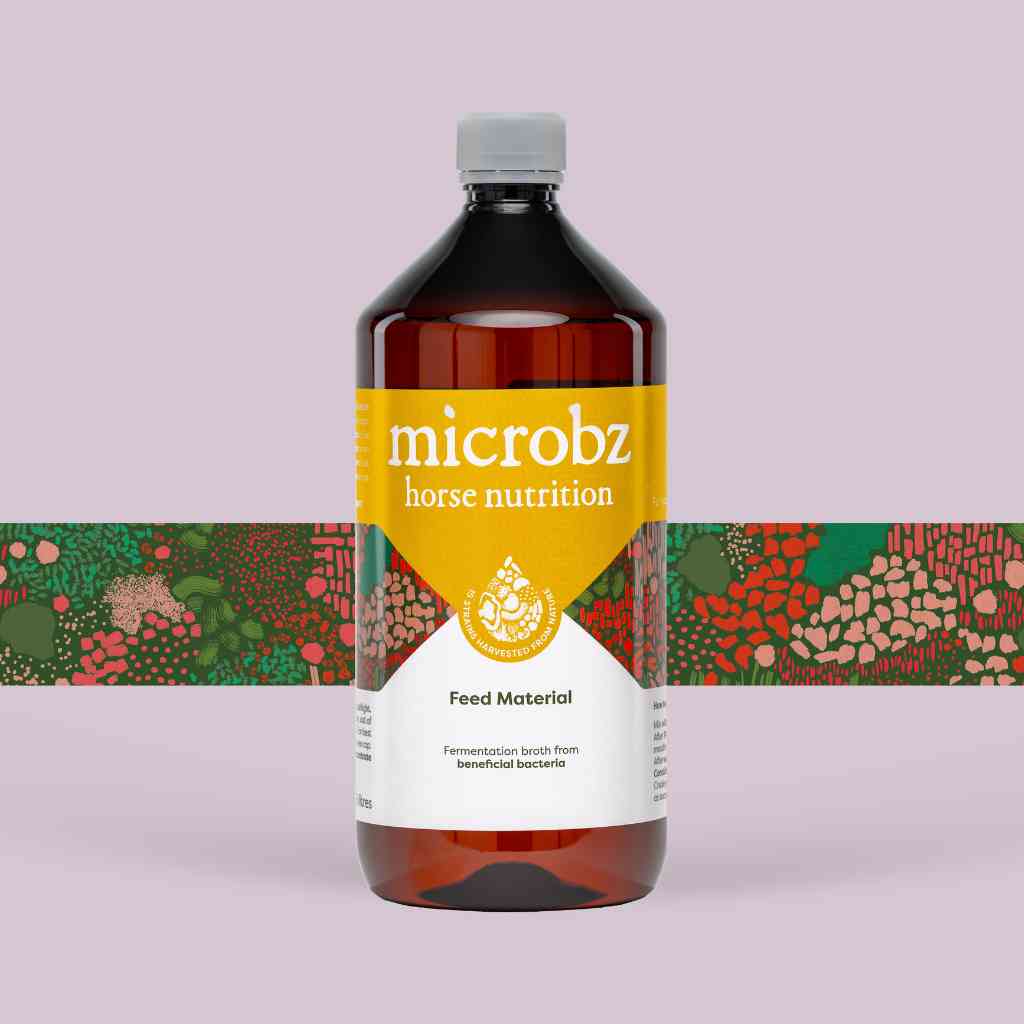 bottle of microbz living liquid probiotic for healthy horses and fouls, with graphic illustration