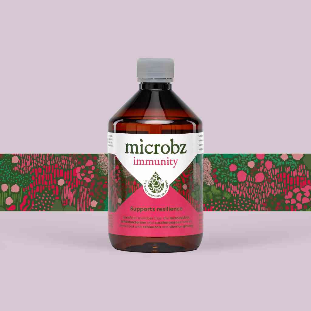 bottle of microbz immunity living liquid probiotics to support immunity and resilience, with graphic illustration