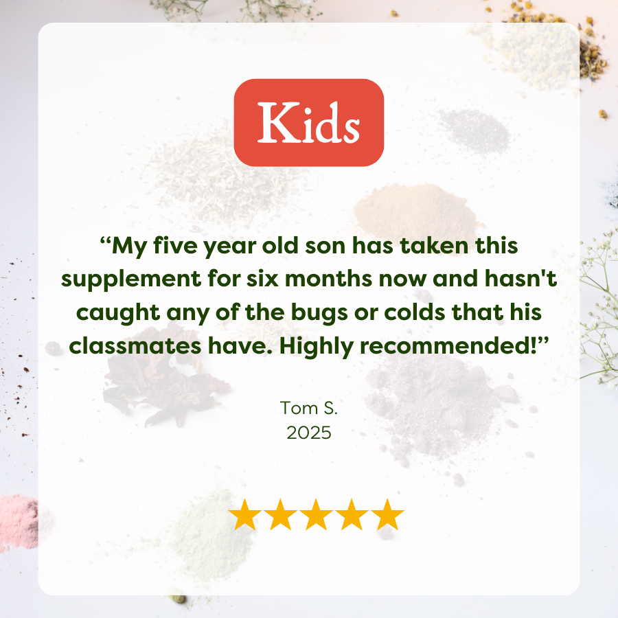 Product review card for a supplement with a five-star rating and customer testimonial on a floral background.