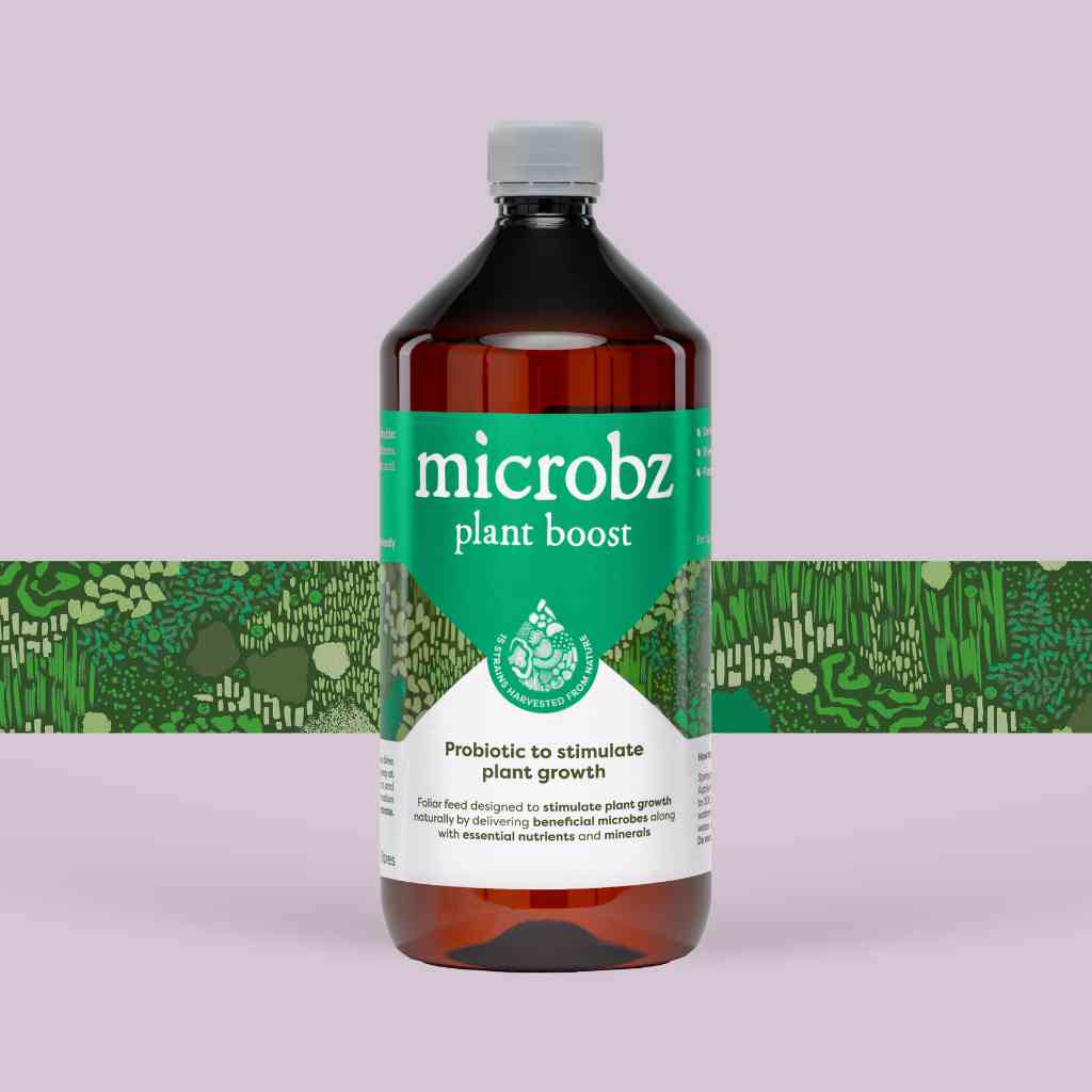 bottle of microbz plant boost living liquid probiotic for supporting plant health, with graphic illustration