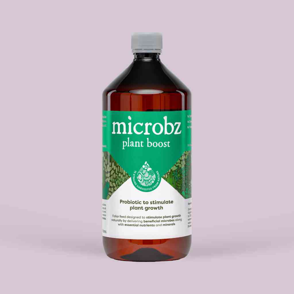 bottle of microbz plant boost living liquid probiotic for supporting plant health