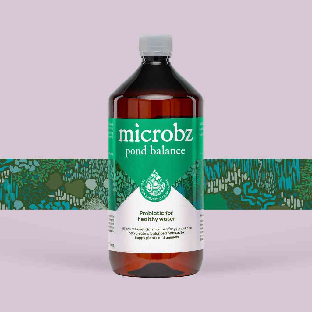 bottle of microbz pond balance living liquid probiotic for supporting pond balance, with graphic illustration