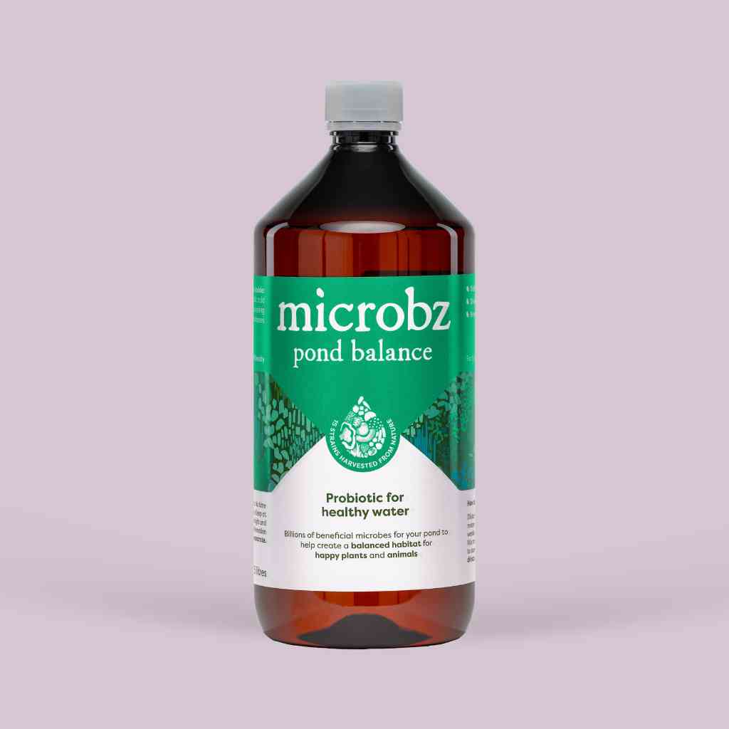 bottle of microbz pond balance living liquid probiotic for supporting pond balance