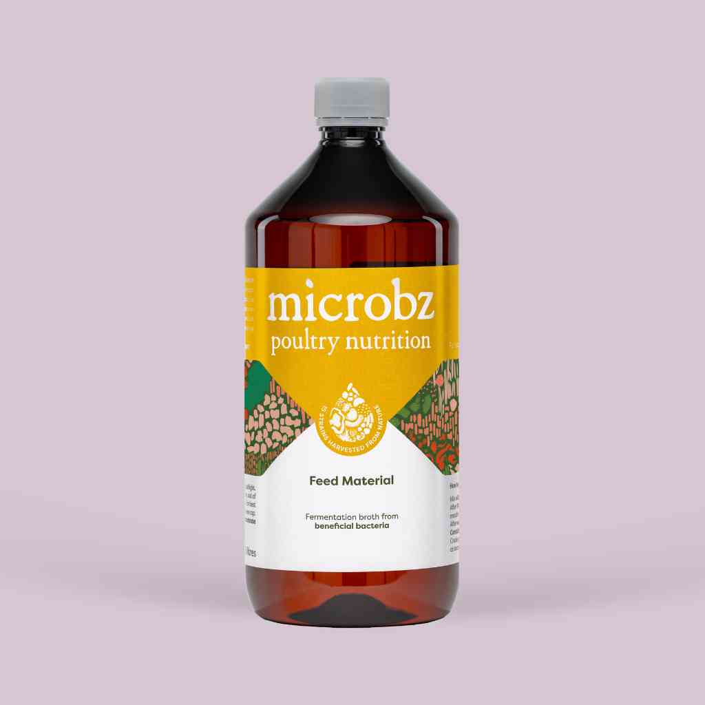 bottle of microbz poultry nutrition living liquid probiotic for healthy chickens and chicks