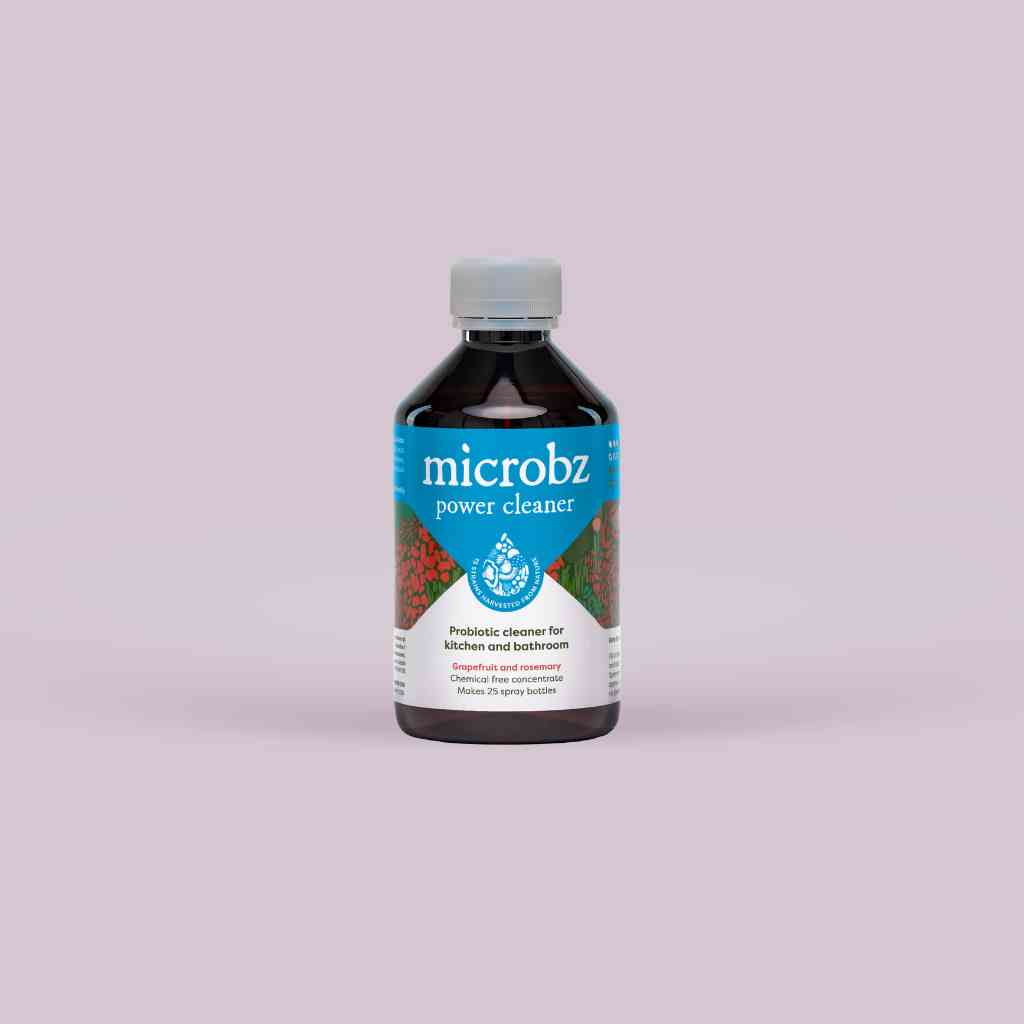 bottle of microbz power cleaner living liquid probiotic for cleaning kitchens and bathrooms