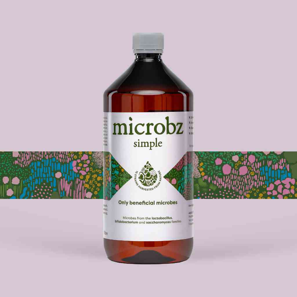 bottle of microbz simple living liquid probiotic to support digestion, with graphic illustration