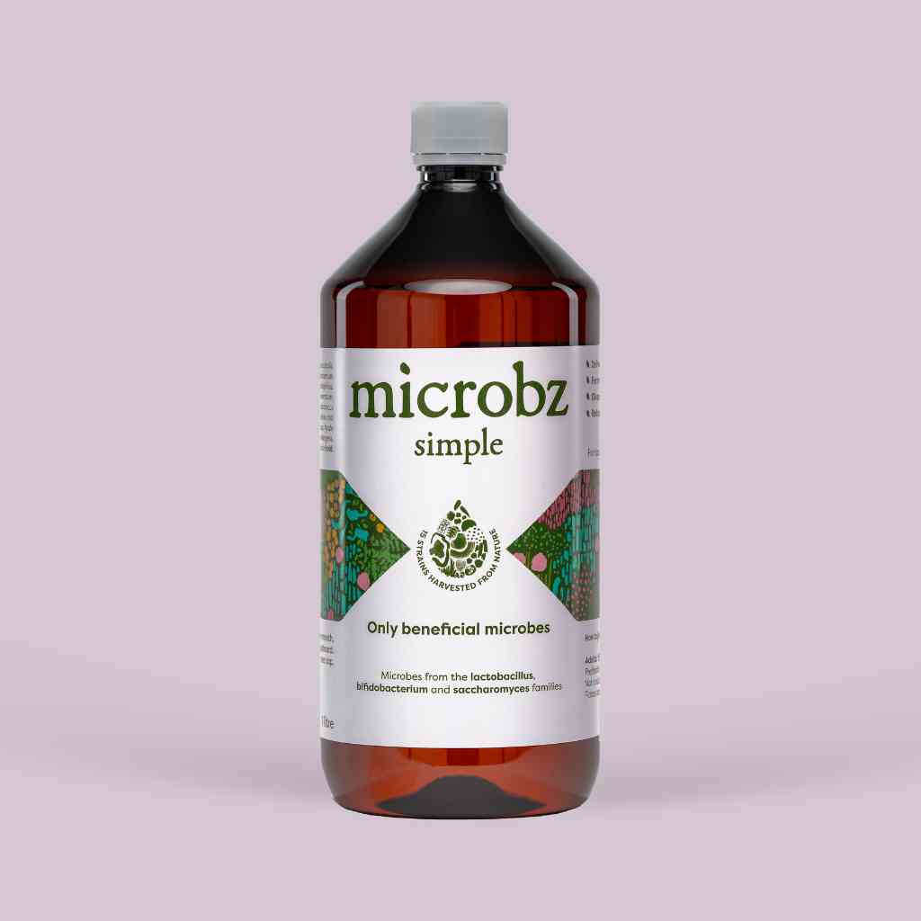 bottle of microbz living liquid probiotic to support digestion