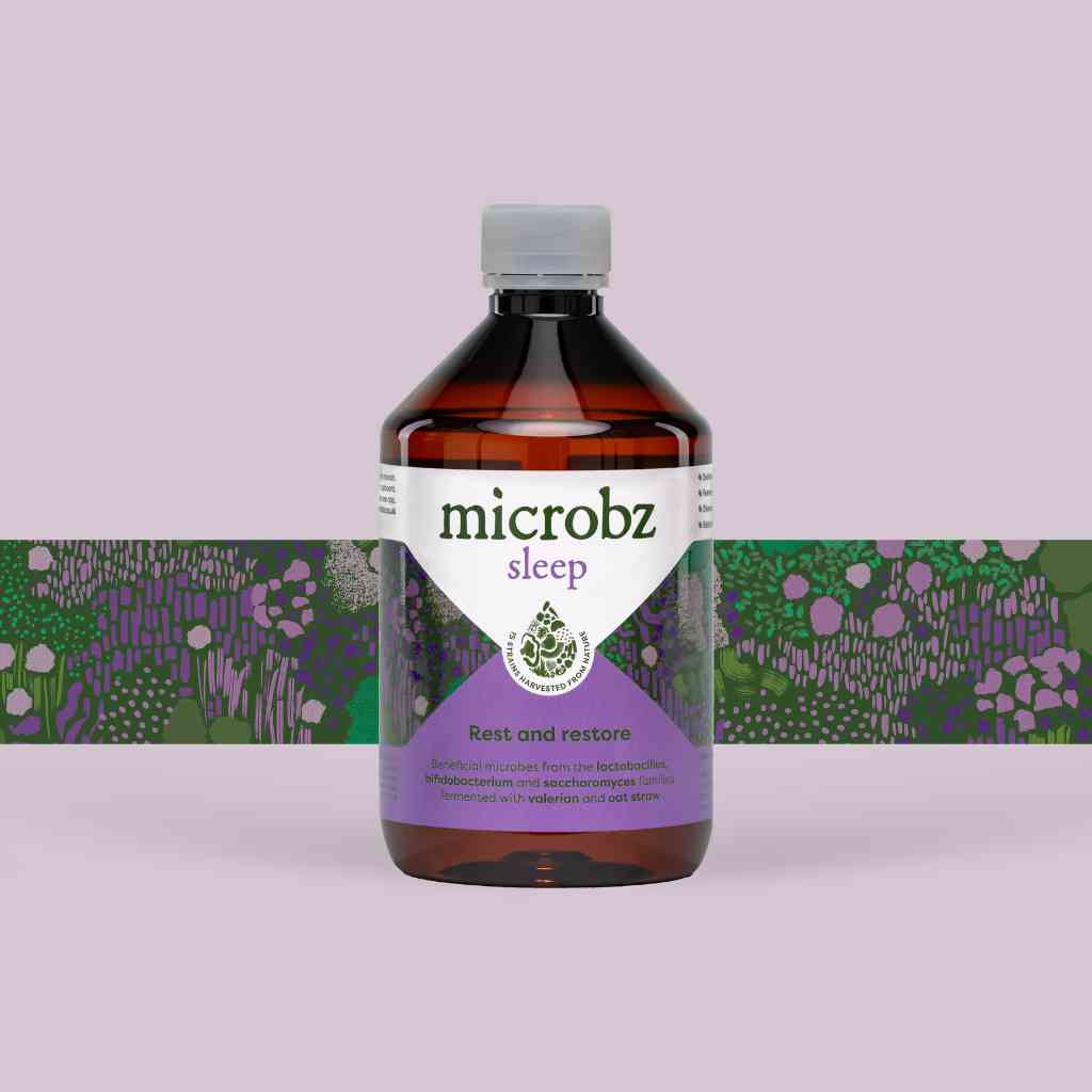 bottle of microbz living liquid probiotic to support sleep, rest and restore, with graphic illustration