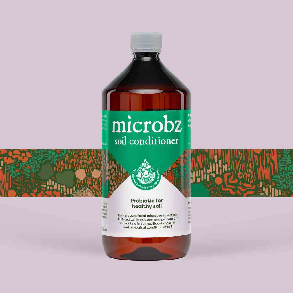 bottle of microbz soil conditioner living liquid probiotic for supporting health soils and plants, with graphic illustration